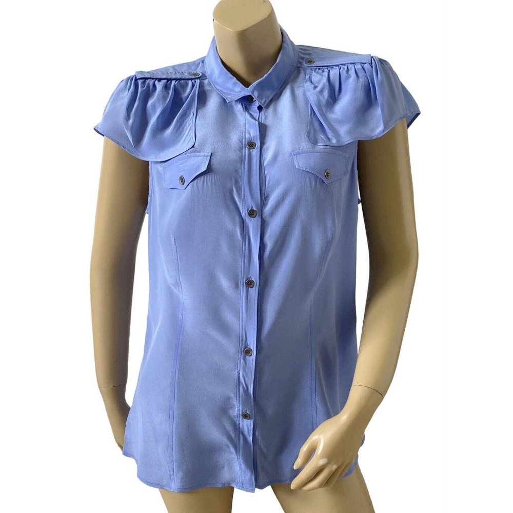 Anthropologie MAEVE Womens Size 14 Blue Silk Short Sleeve Button Up Collar Shirt